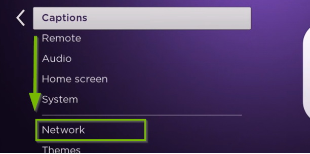 Roku Settings menu, highlighting the Network option.