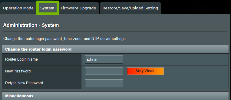 System tab. Screenshot