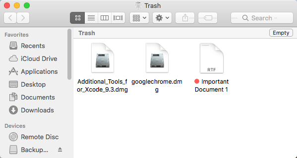 Trash folder displayed.