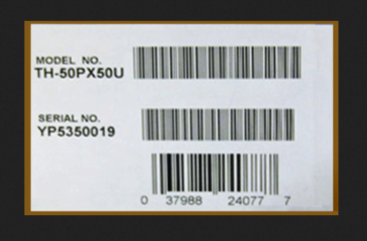 The label from a television box showing the model and serial number.