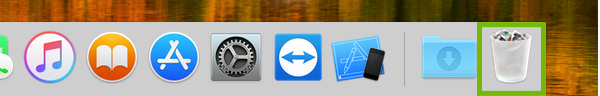macOS Dock with Trash highlighted.