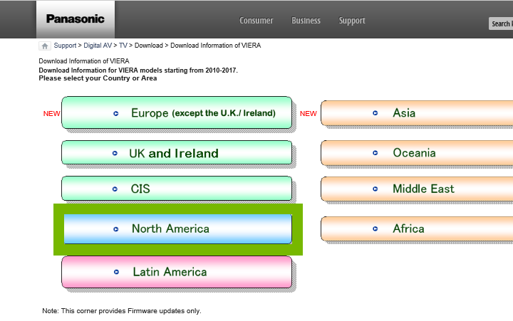 The panasonic website showing north america selected.
