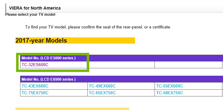 Panasonic website showing the model number.