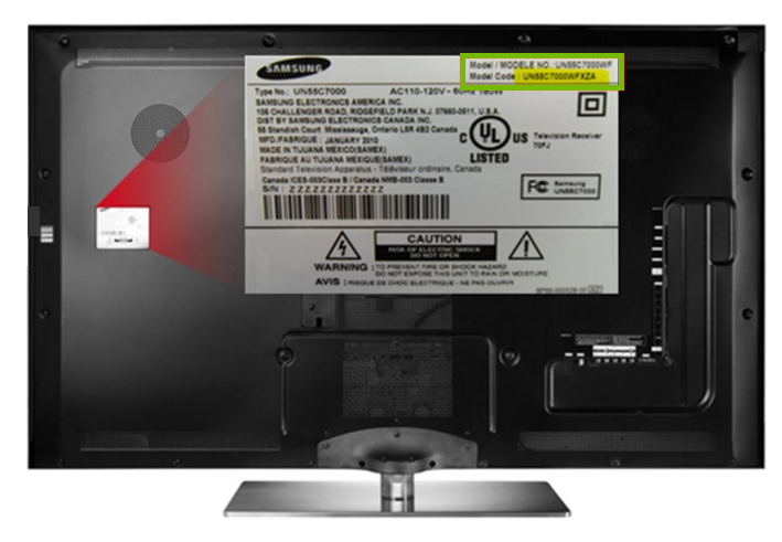 The back of a television zooming in on the label with the model number.