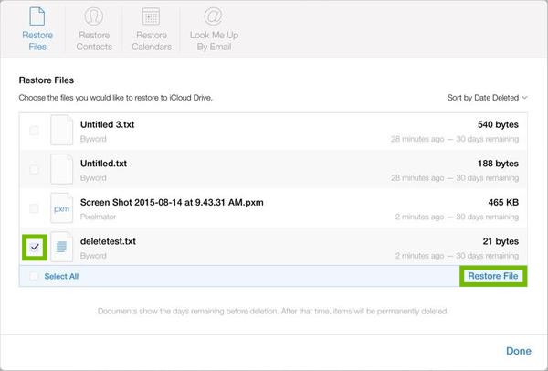File restore with file checked and Restore File highlighted.