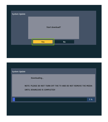Smart tv screen showing press yes to start download as well as the downloading in progress screen.