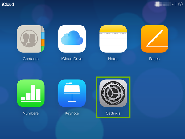 iCloud web dashboard with Settings highlighted.