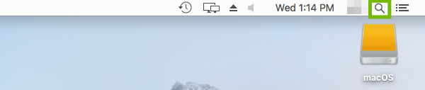 macOS Desktop with Spotlight Search icon highlighted.