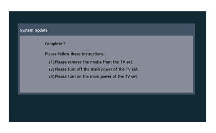 Smart tv screen saying system update is complete.