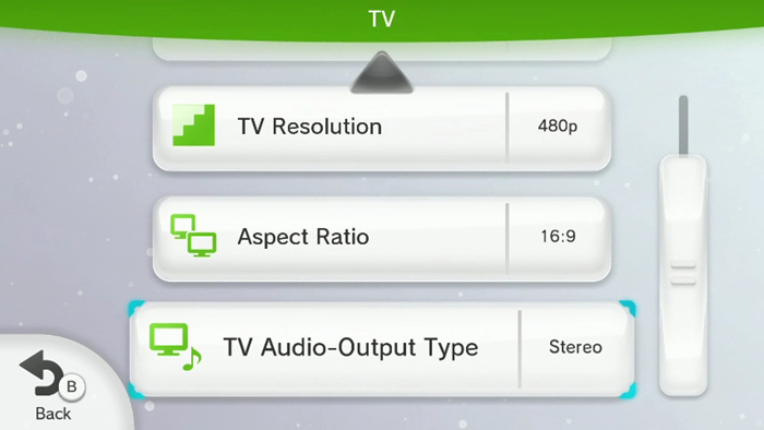 Nintendo Wii U TV settings menu highlighting the TV audio output type button.