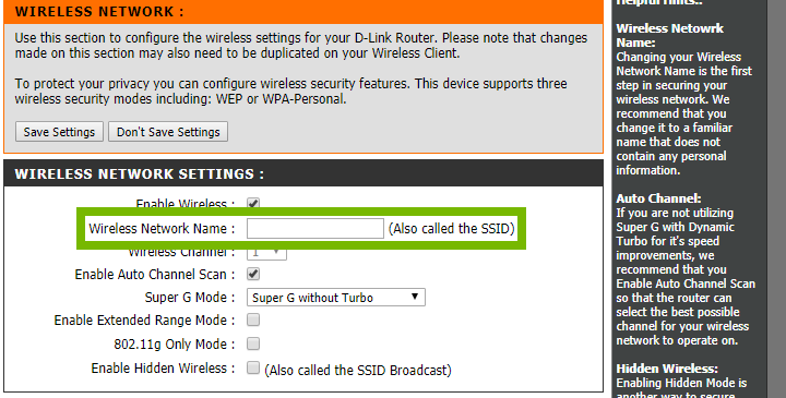 Wireless Network Settings. Wireless Network Name input field. Screenshot.