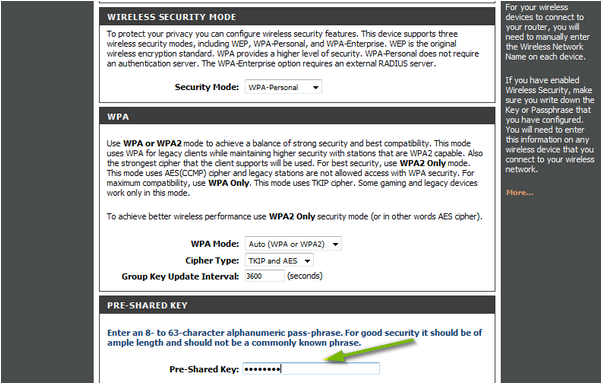Web interface, pre-shared key highlighted