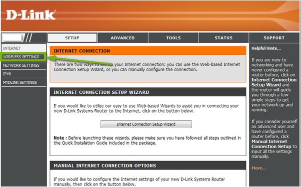 Web interface, wireless settings highlighted