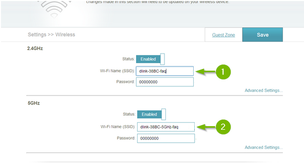 Web interface with SSID names highlighted
