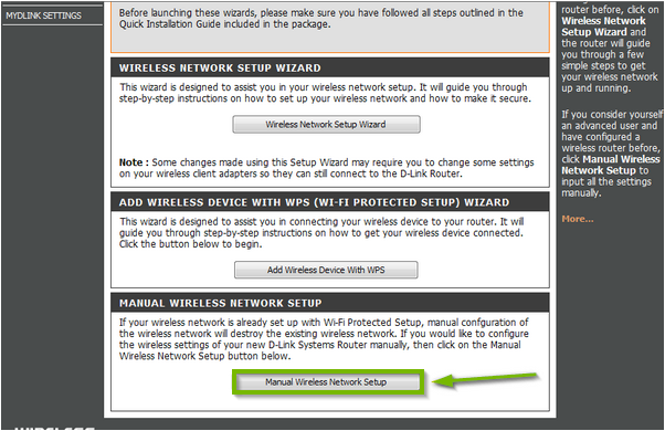 Web interface, manual wireless network setup highlighted