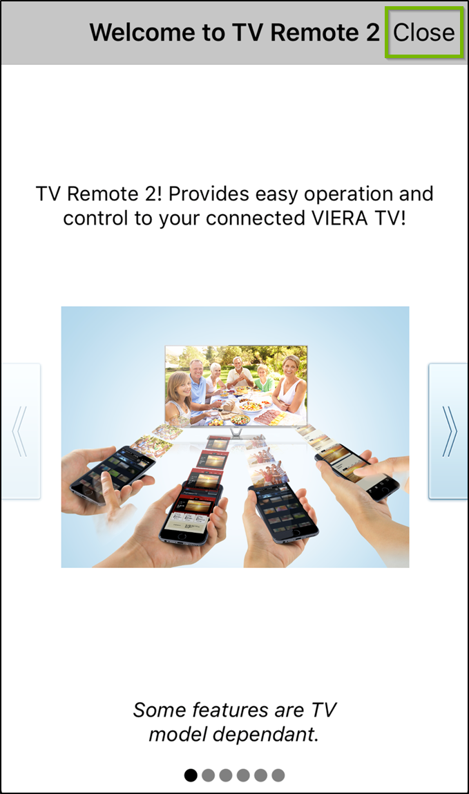 Panasonic TV Remote 2 app welcome screen, with the close button highlighted.