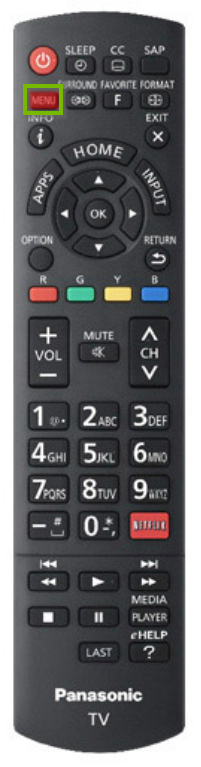 Panasonic TV remote with the menu button highlighted.