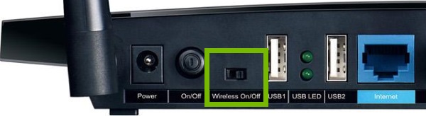 Wi-Fi toggle switch highlighted on rear of router.
