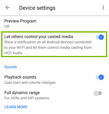 Device settings with Let others control your casted media selected. Screenshot.