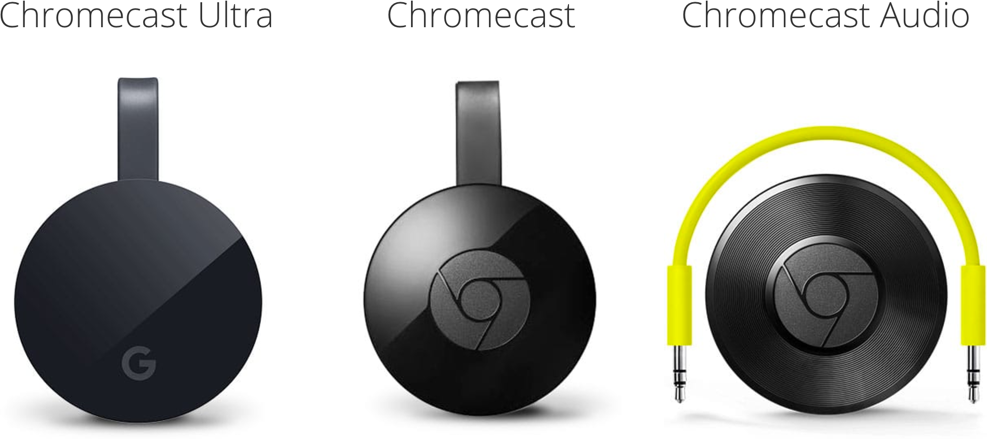 Chromecast lineup: Chromecast Ultra, Chromecast, and Chromecast Audio.