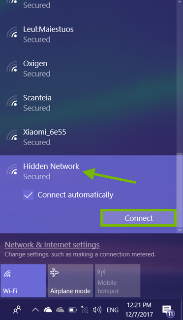 Hidden network pointed out and Connect button highlighted in Wi-Fi network list.