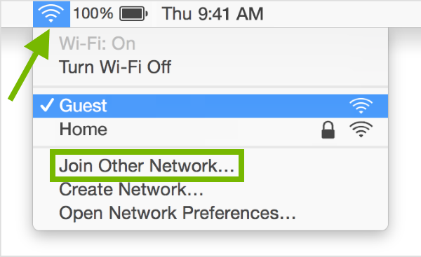 Wi-Fi icon pointed out and Join Other Network option highlighted to connect to a hidden network.