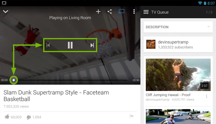 Cast controls highlighted on streaming video.