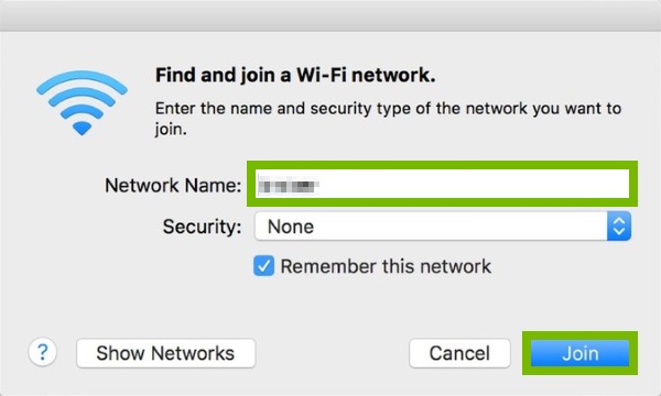 Wi-Fi network entry field and Join option highlighted on connection prompt.