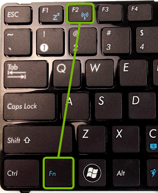 Fn + Wi-Fi key highlighted on keyboard.