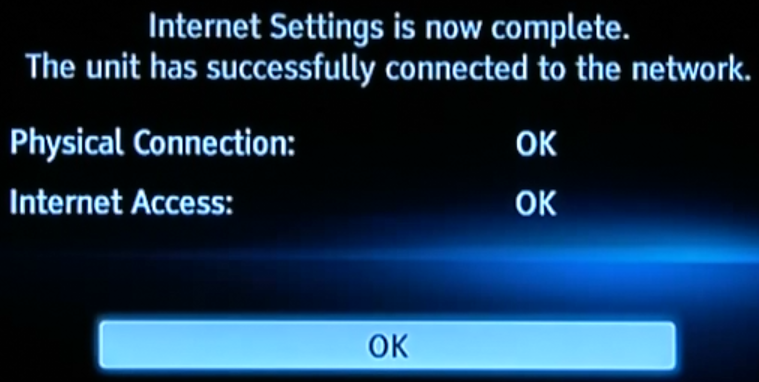 Internet settings summary screen.