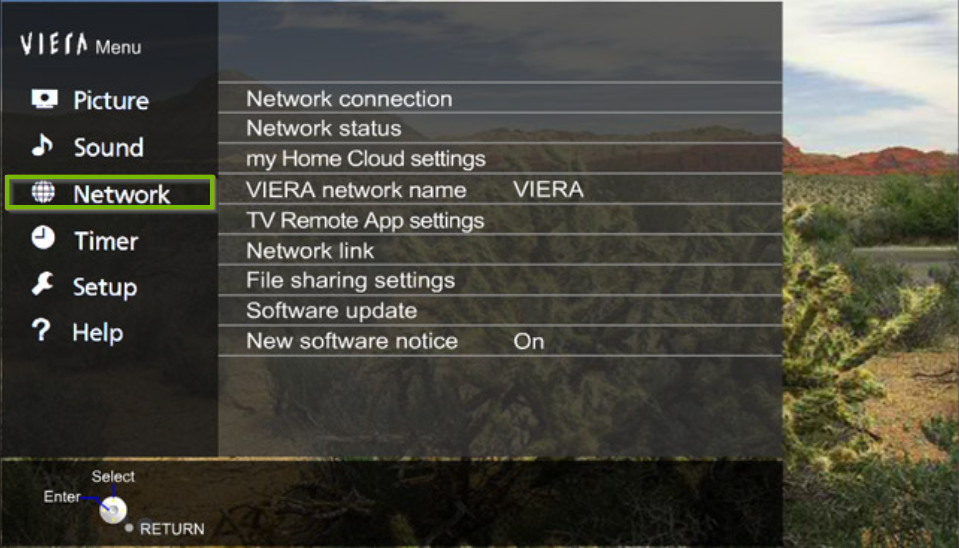 Panasonic TV menu with the network option highlighted.