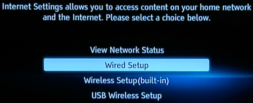 Blu-ray network setup method selection screen.