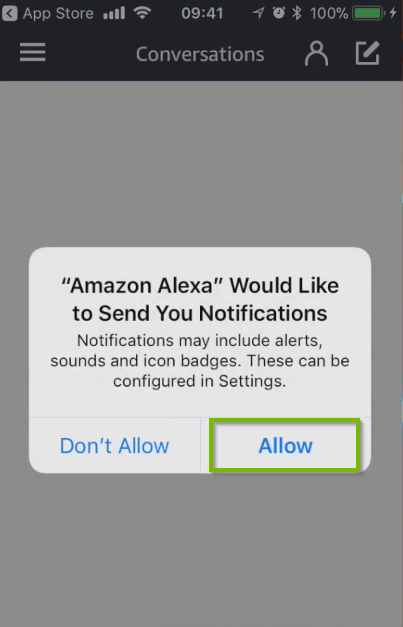 Amazon Alexa would like to send you notifications prompt, with Allow selected. Screenshot.