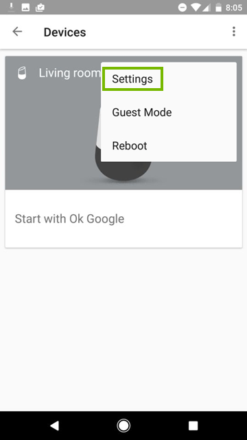 Settings highlighted in device options menu