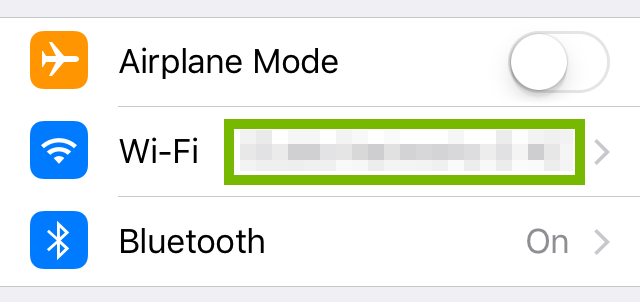Settings menu with connected Wi-Fi network highlighted.