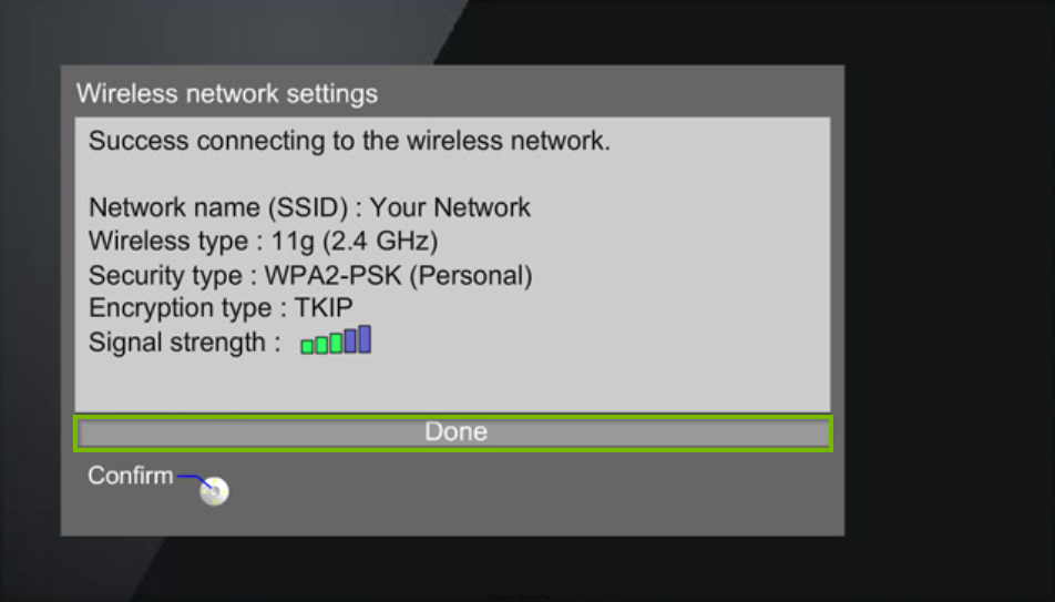 Panasonic TV wireless network settings menu displaying a successfully connected confirmation message with a summary of network information being used.