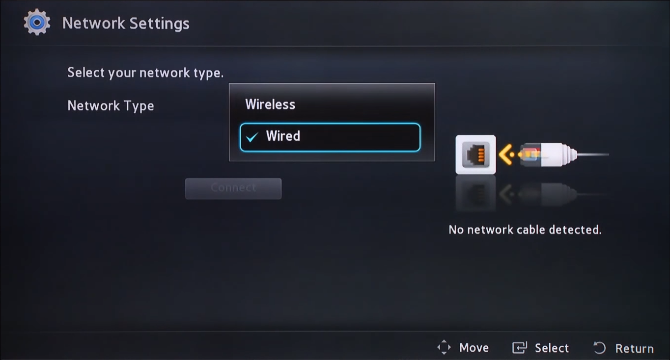 Blu-ray network setup method selection screen