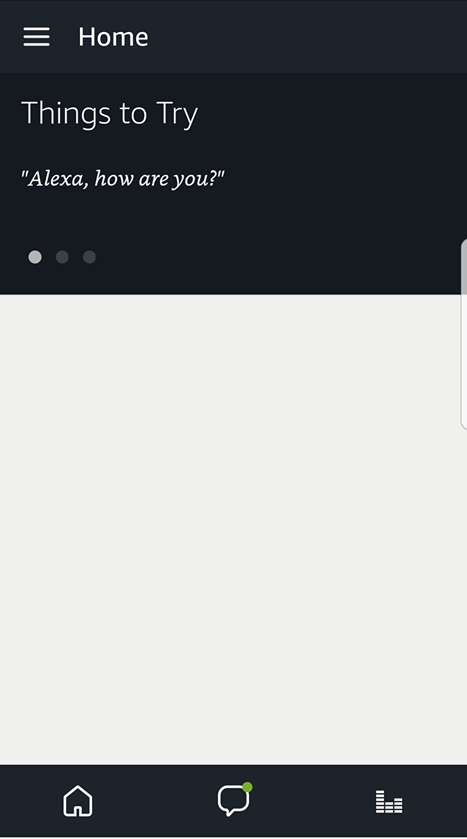 Amazon Alexa home screen. Screenshot.