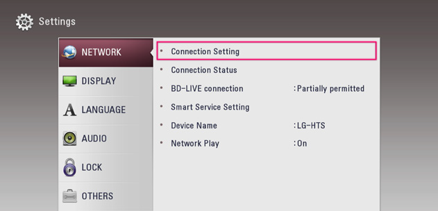 Network menu with setting highlighted