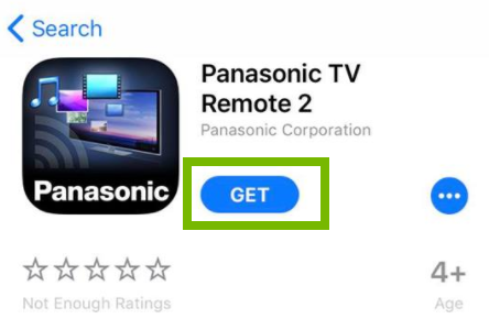 Panasonic TV Remote 2 app page with GET button highlighted