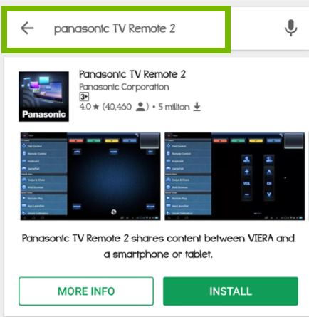 Search results with Panasonic TV 2 app highlighted in search results