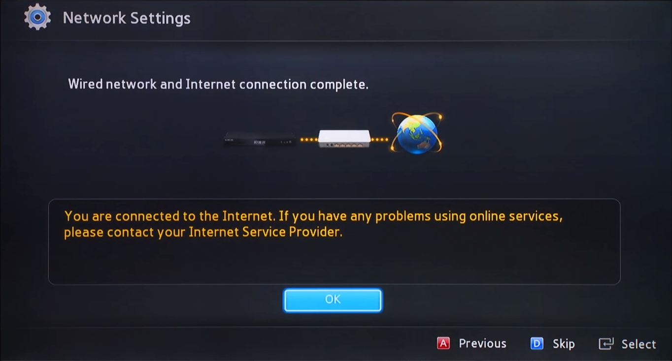 Blu-ray internet setup completion confirmation screen