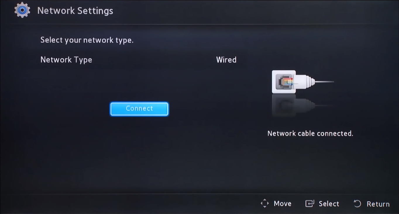 Blu-ray wired network setup initiation screen
