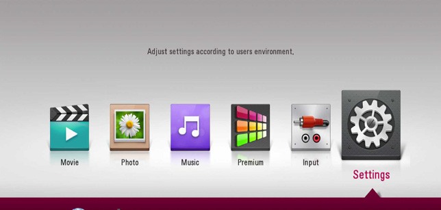 Home screen with settings selected