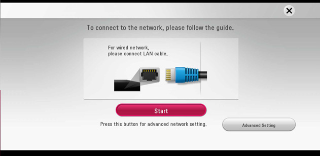 screen indicating to plug in your Ethernet network cable and a start button