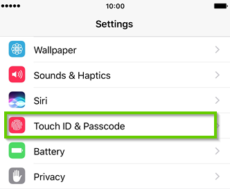 iOS settings with touch id and passcode highlighted