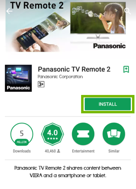 Panasonic TV 2 Remote app page with Install button highlighted