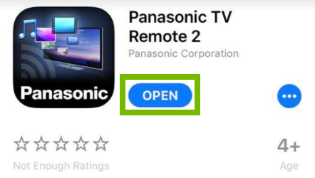 Panasonic TV Remote 2 app page with Open button highlighted