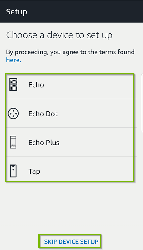 List of Amazon devices. Choose a device to set up. Screenshot.