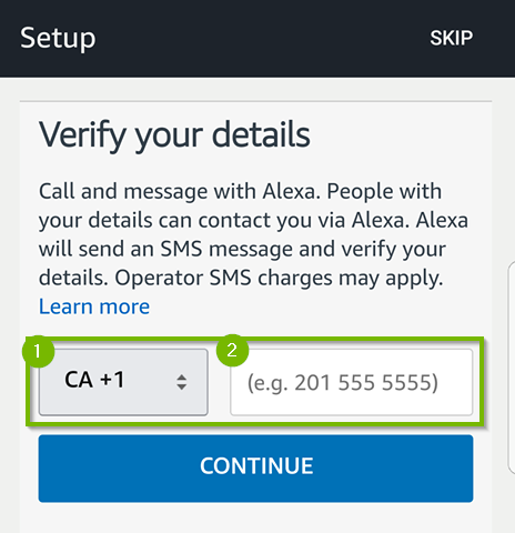 Phone and text messaging setup. Country code drop down box and phone number input. Screenshot.